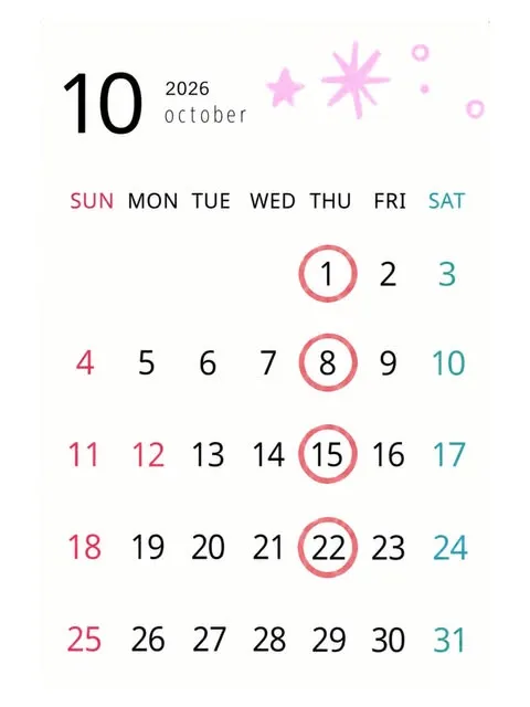 2026年10月のカレンダー。丸がついた1日・8日・15日・22日の木曜日が開催日